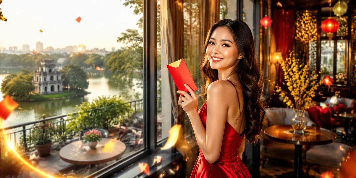Khung cảnh Hà Nội với phong bao đỏ biểu tượng khuyến mãi và ly cà phê Việt Nam truyền thống