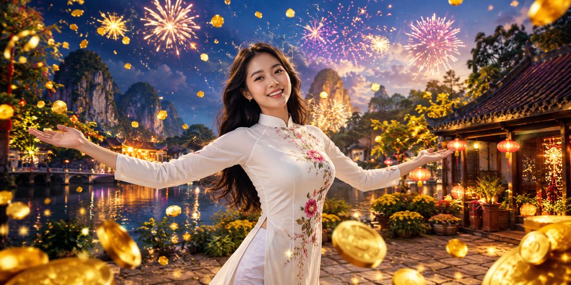 Khung cảnh Ninh Bình với lễ hội giải trí và người dùng trải nghiệm casino trên thiết bị di động