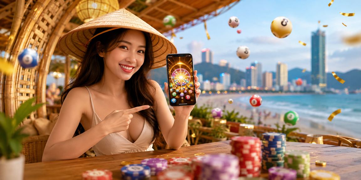 Quang cảnh Vũng Tàu với người dân thưởng thức giải trí và xổ số dưới bóng nón lá truyền thống